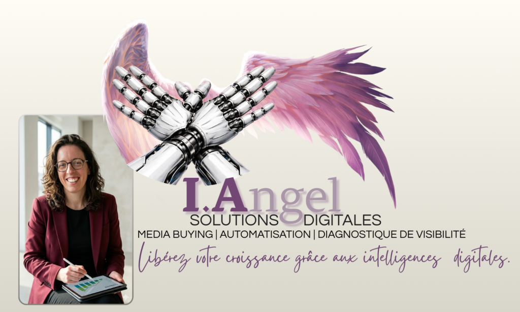 Carte de visite i-Angel Solution montrant des mains de robot formant un oiseau pour la croissance numérique, expertises Media Buying, Automatisation IA et Visibilité.